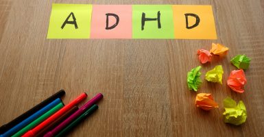 ADHD (attention deficit hyperactivity disorder) text written on colorful sheets of paper